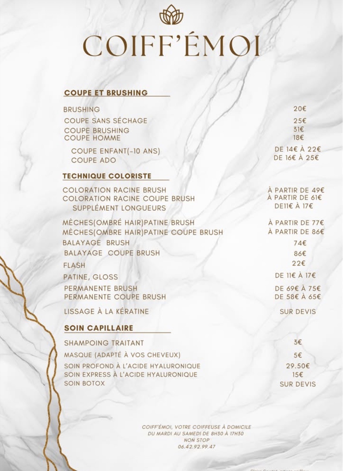 Carte des tarifs Coiff'Émoi